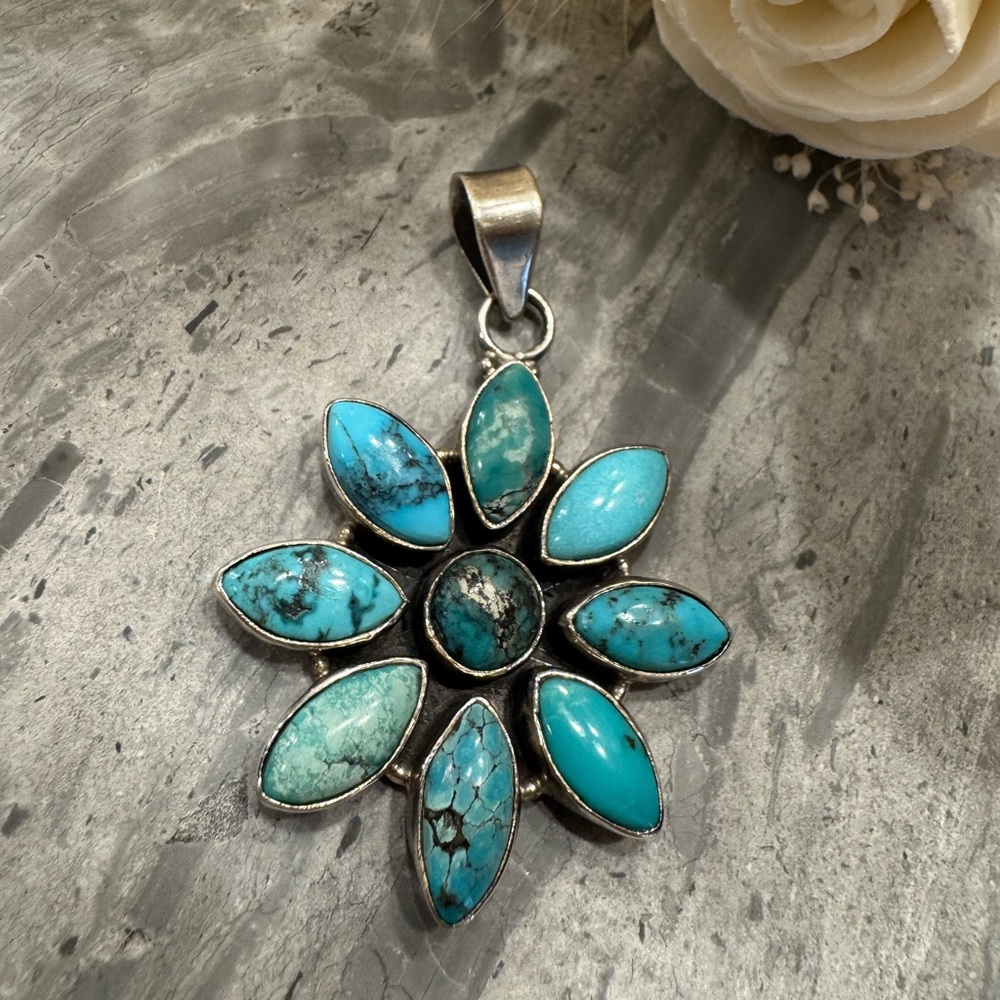 Sterling Silver Turquoise Flower Pendant - Picture 2 of 5